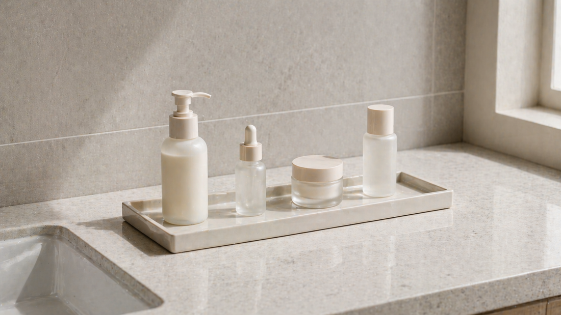 Compact vanity layout with grouped skincare items and clear spacing.