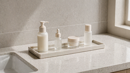 Compact vanity layout with grouped skincare items and clear spacing.