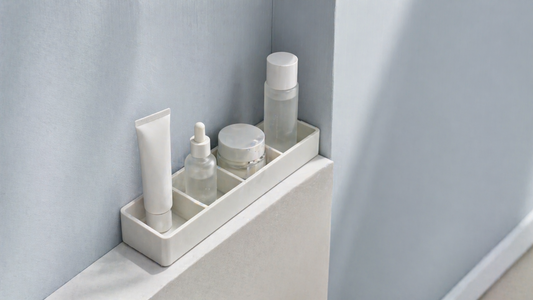 Compact vanity storage with limited width layout and controlled spacing.
