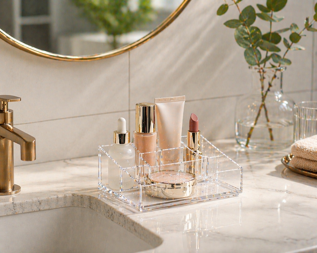 Clear acrylic vanity organizer with 2–4 items arranged in a compact, controlled layout to improve usability on a small vanity.