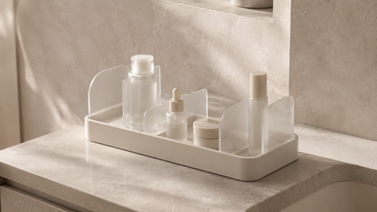 Skincare organizer with separated bottle spacing and reduced bathroom counter crowding.