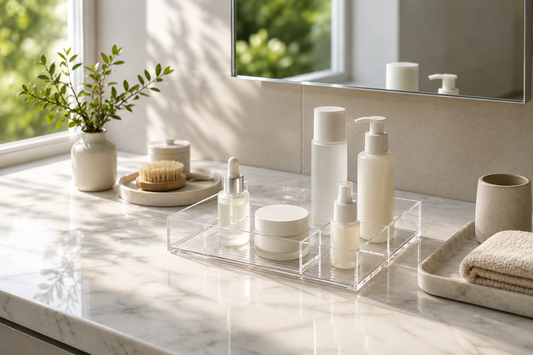Minimal skincare storage layout with organized product spacing on a vanity surface.