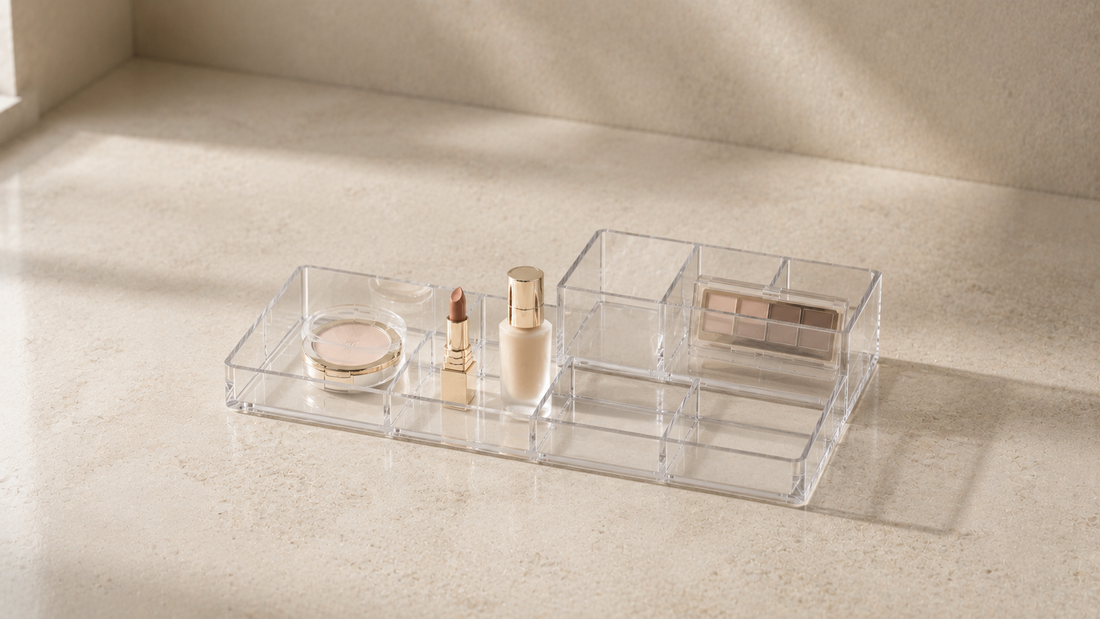Makeup organizer with separated sections for daily and occasional products.