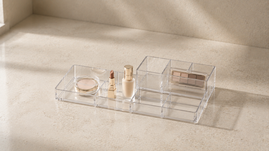Makeup organizer with separated sections for daily and occasional products.