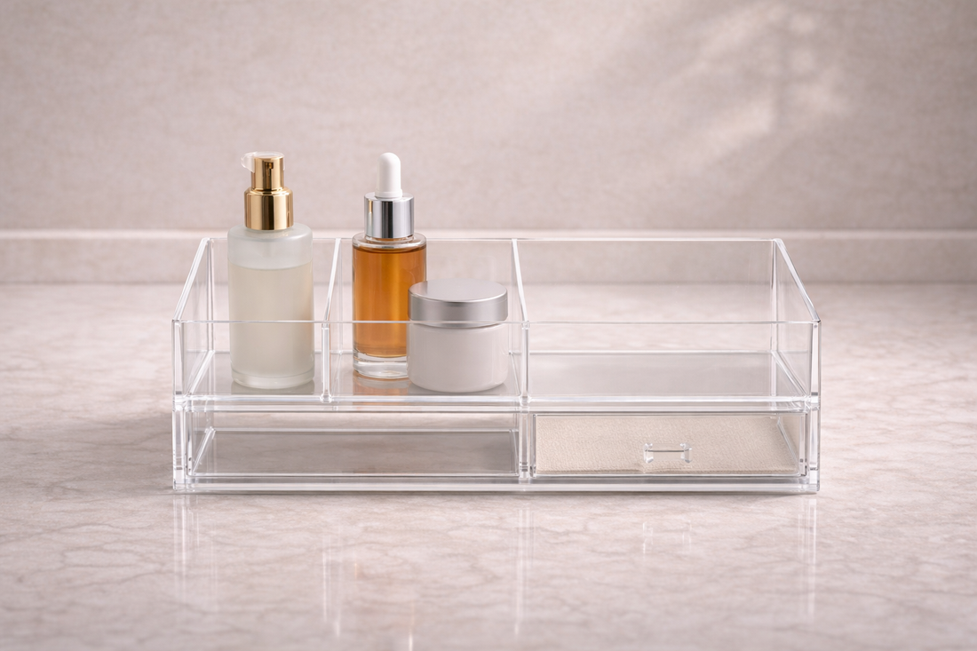 Daily skincare products arranged in a structured storage layout for consistent routine use.