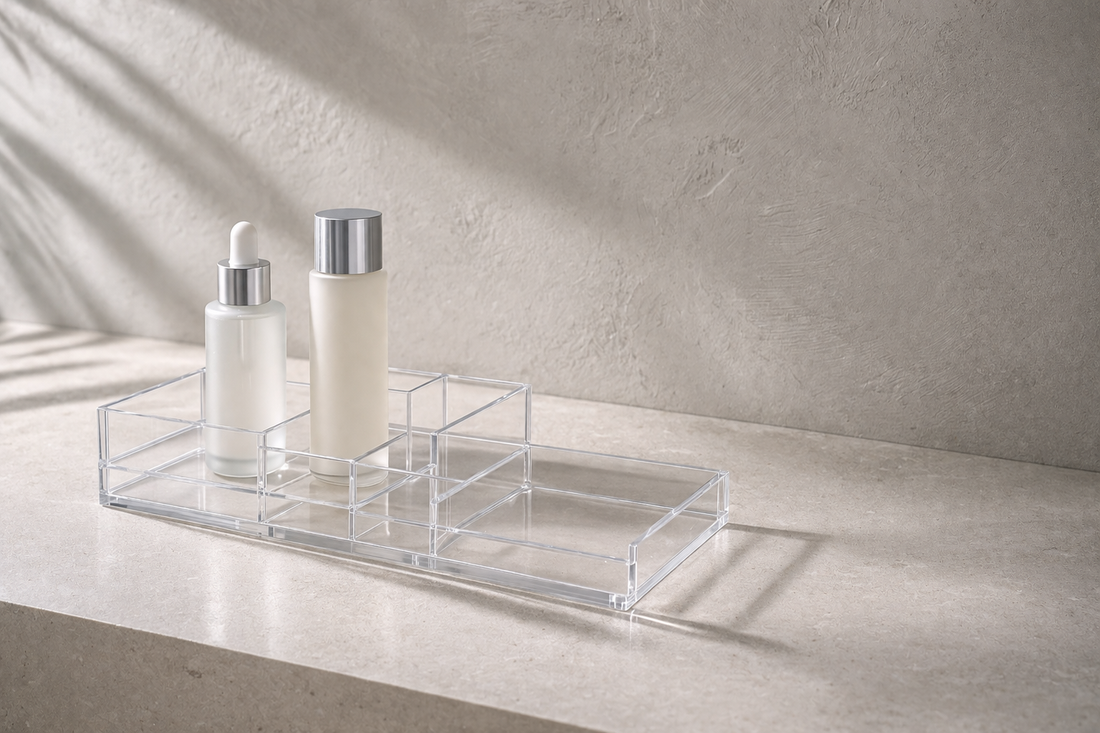 Horizontal 16:8 PNG of a clear acrylic drawer organizer with at least two drawers completely empty for a clutter-free look.