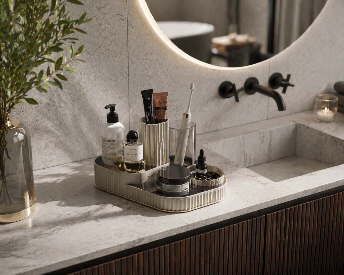 Daily vanity setup for efficient routines with a structured and minimal layout
