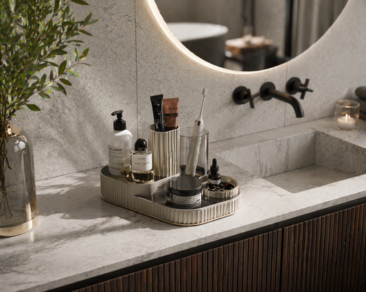Daily vanity setup for efficient routines with a structured and minimal layout
