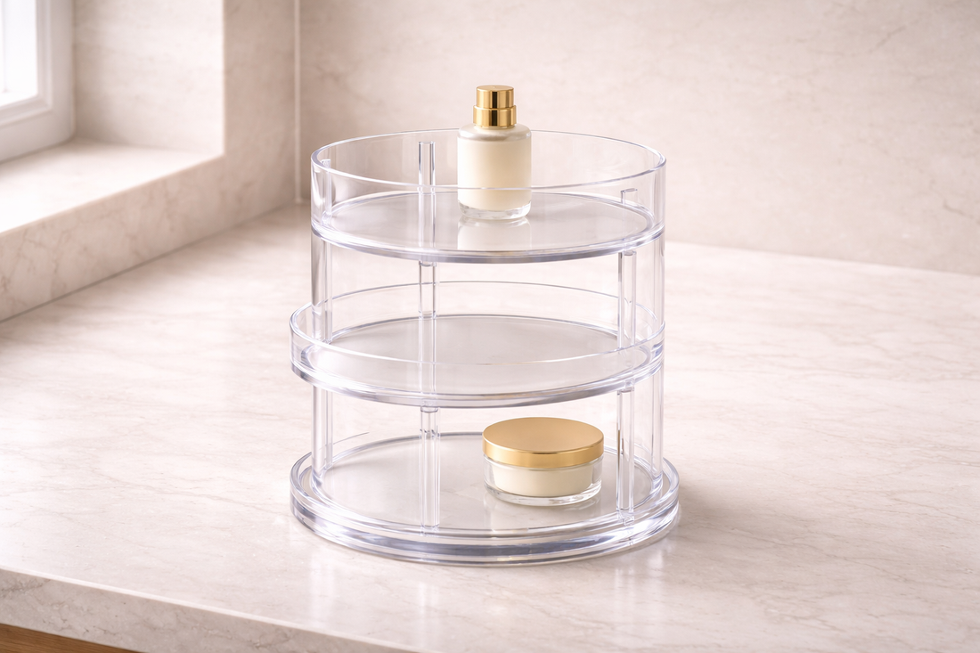 Side perspective of clear acrylic drawers with minimal items distributed across layers, emphasizing depth-optimized layout and front-to-back spatial efficiency.