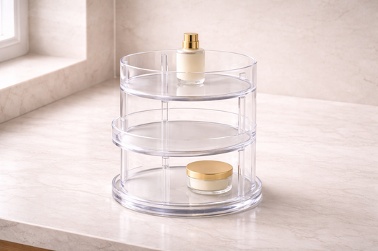 Side perspective of clear acrylic drawers with minimal items distributed across layers, emphasizing depth-optimized layout and front-to-back spatial efficiency.