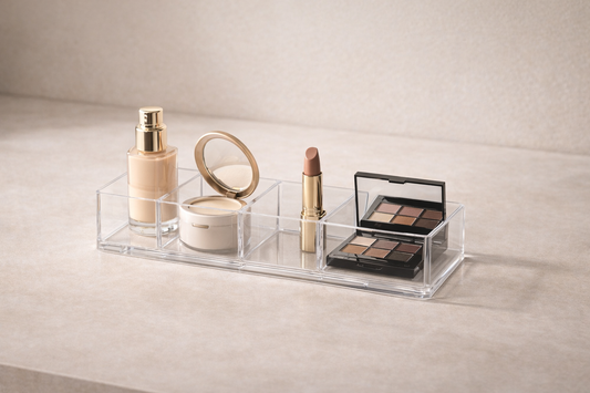 Clear acrylic makeup organizer showing 3–4 items in separate compartments arranged left to right to support a directional daily routine workflow.
