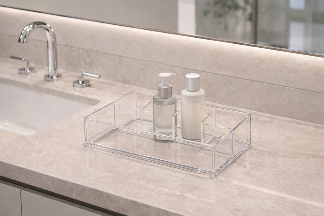 Double-sink vanity with separated organizer zones for shared daily use and balanced access.