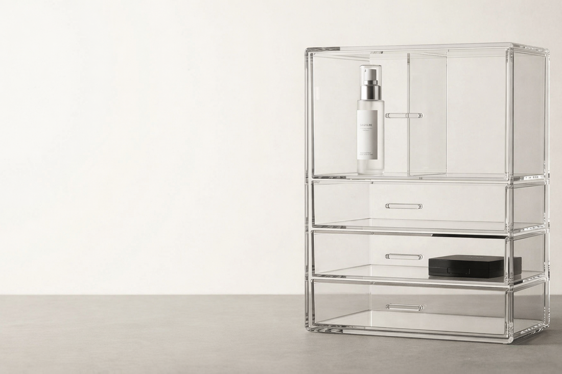 Polished thick acrylic edges of a drawer unit under soft natural daylight, focusing on structural visibility and clarity.