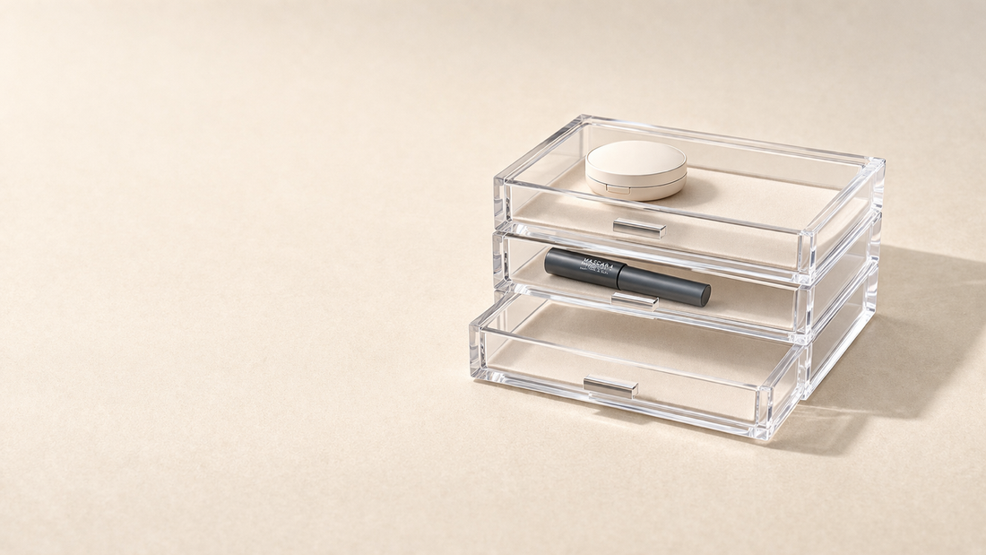 Side perspective showing drawer depth and vertical height difference for faster item recognition and search focus.