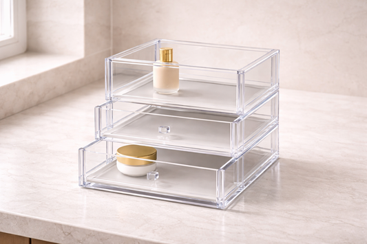 Acrylic drawers with small grouped items showing clear separation and organized grouping logic.