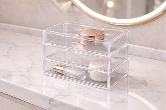 Clear drawer organizer creating layered storage for beauty items.