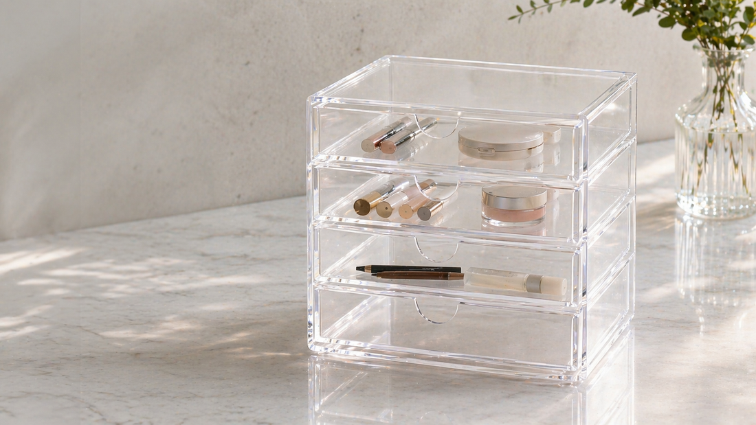 Transparent 4-drawer organizer with items spaced for quick recognition.