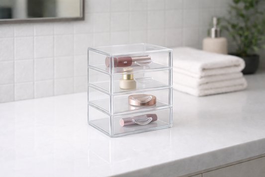 Four-drawer organizer with makeup items separated across different sections.