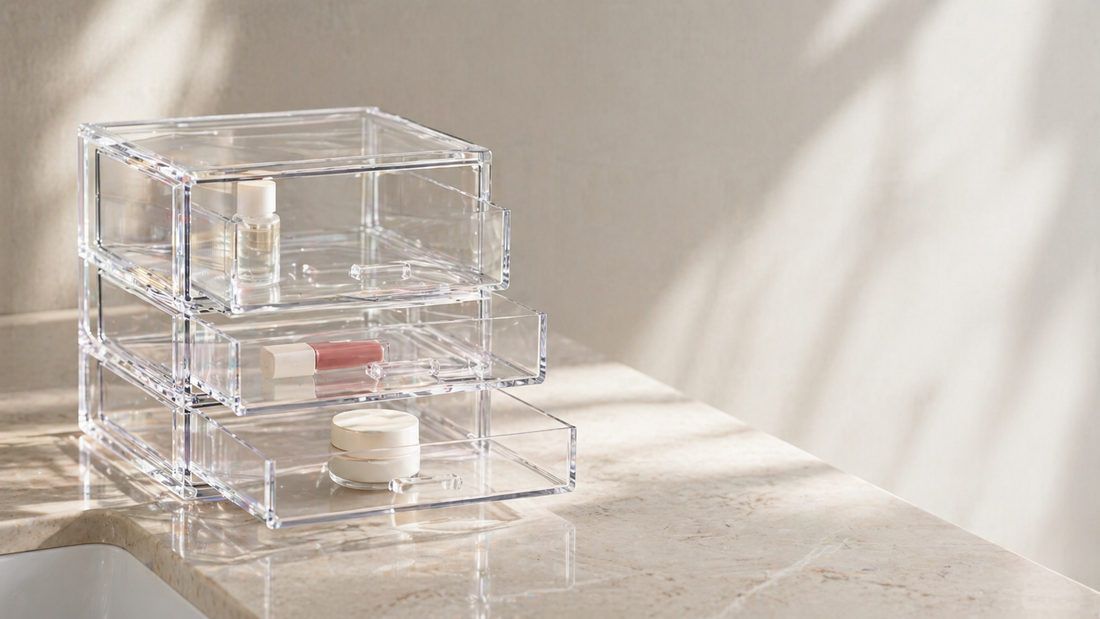 Clear drawer organizer with three items placed with visible empty space to control capacity