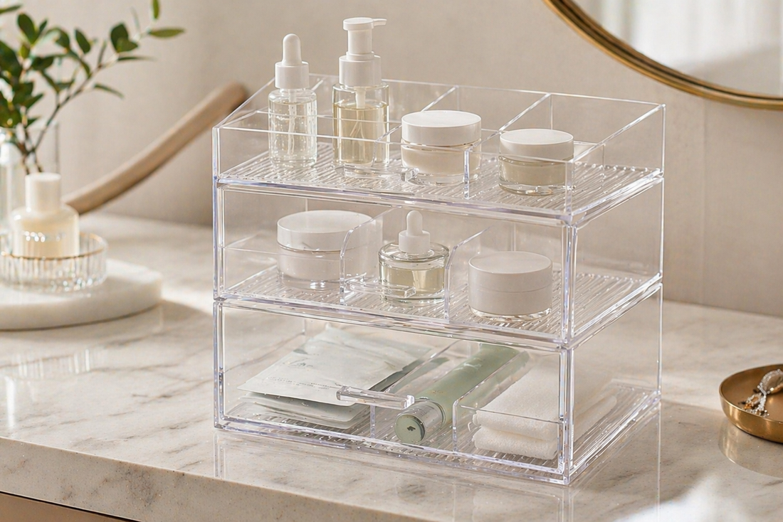 Semi-transparent drawer organizer designed for structured multi-level storage.