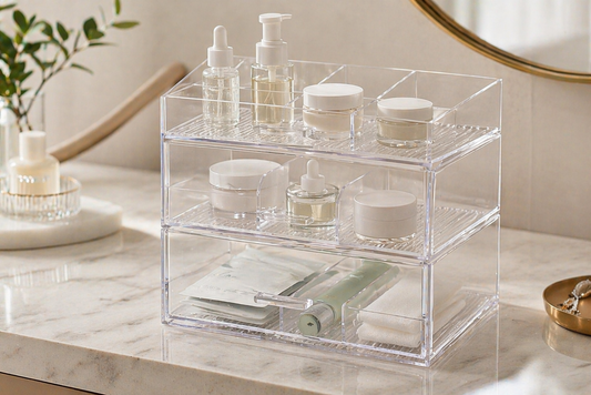 Semi-transparent drawer organizer designed for structured multi-level storage.