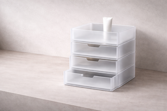 Drawer setup for easy access that improves daily speed featuring frosted white stacked storage drawers with a minimalist skincare tube on a neutral surface
