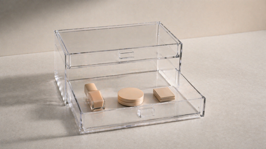 Acrylic drawer with evenly spaced items and consistent gaps between each product to maintain long-term organization structure.