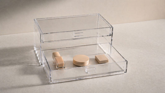 Acrylic drawer with evenly spaced items and consistent gaps between each product to maintain long-term organization structure.