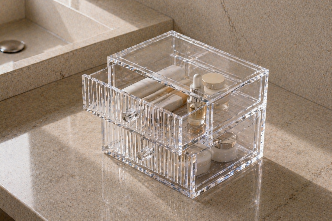Clear acrylic drawer showing evenly spaced items for fast visual selection without overlap.