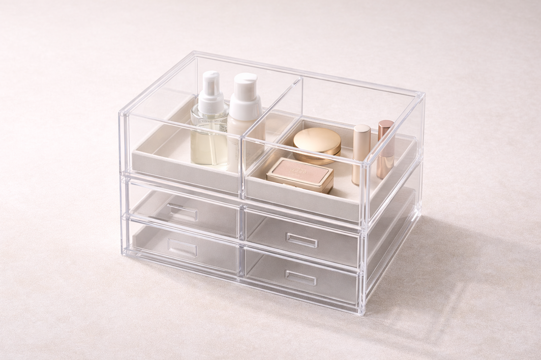 Semi-transparent 4-tier organizer with clearly divided sections separating skincare and makeup into distinct compartments