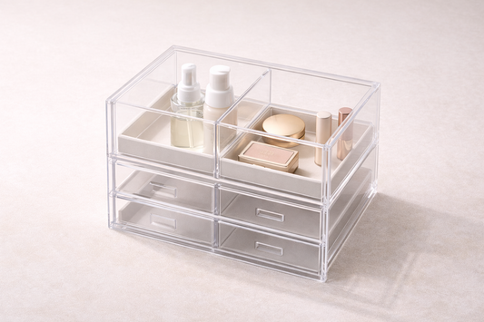 Semi-transparent 4-tier organizer with clearly divided sections separating skincare and makeup into distinct compartments