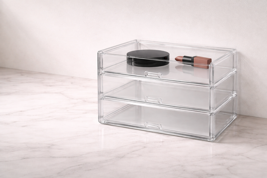 Efficient drawer storage for daily use with a frosted white multi-drawer unit on a neutral surface