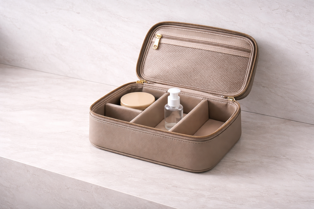 Efficient travel organization system that reduces prep time featuring an open taupe leather cosmetic bag with structured dividers and a mesh pocket holding skincare items