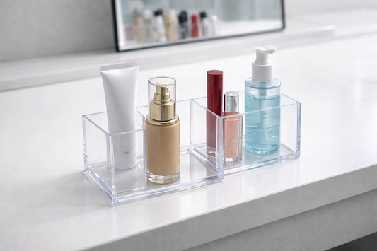 Clear acrylic makeup organizer with 4 fully separated items, front-positioned foundation as entry point for faster daily makeup routine start