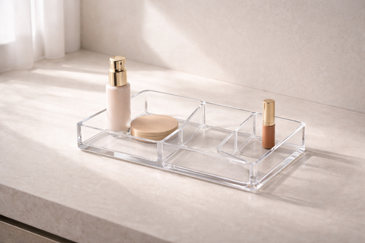 Fast makeup storage setup for daily use with a multi-tiered clear acrylic organizer holding beauty products