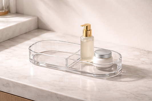 Fast skincare storage setup featuring a white minimalist tiered shelf on a clean bathroom surface