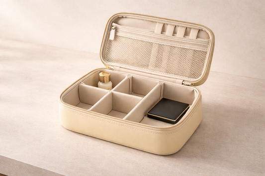 Fast travel organization system showing a taupe travel cosmetic bag with organized internal dividers