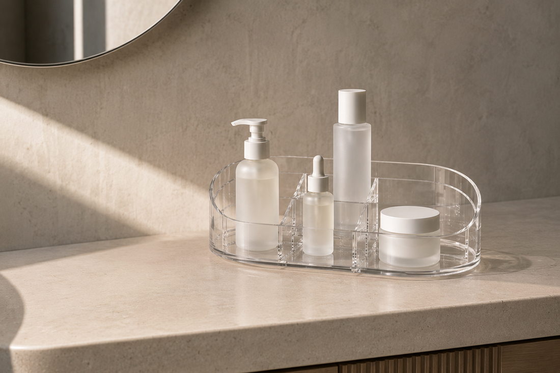 Skincare organizer with structured placement for quick morning access.