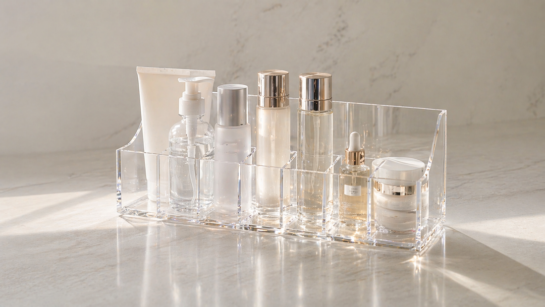 Skincare items placed in fixed positions within a clear organizer to maintain routine consistency.