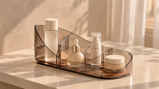 Skincare organizer grouping daily-use products with stable spacing.