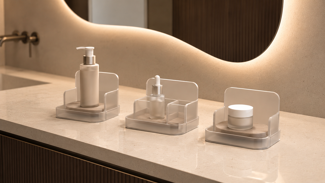 Bathroom vanity organizer with grouped skincare zones and separated tray spacing.