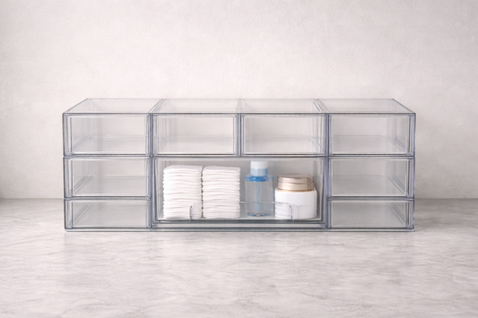 Acrylic drawer organizer with one grouped section and empty compartments highlighting clear separation and fast workflow access.