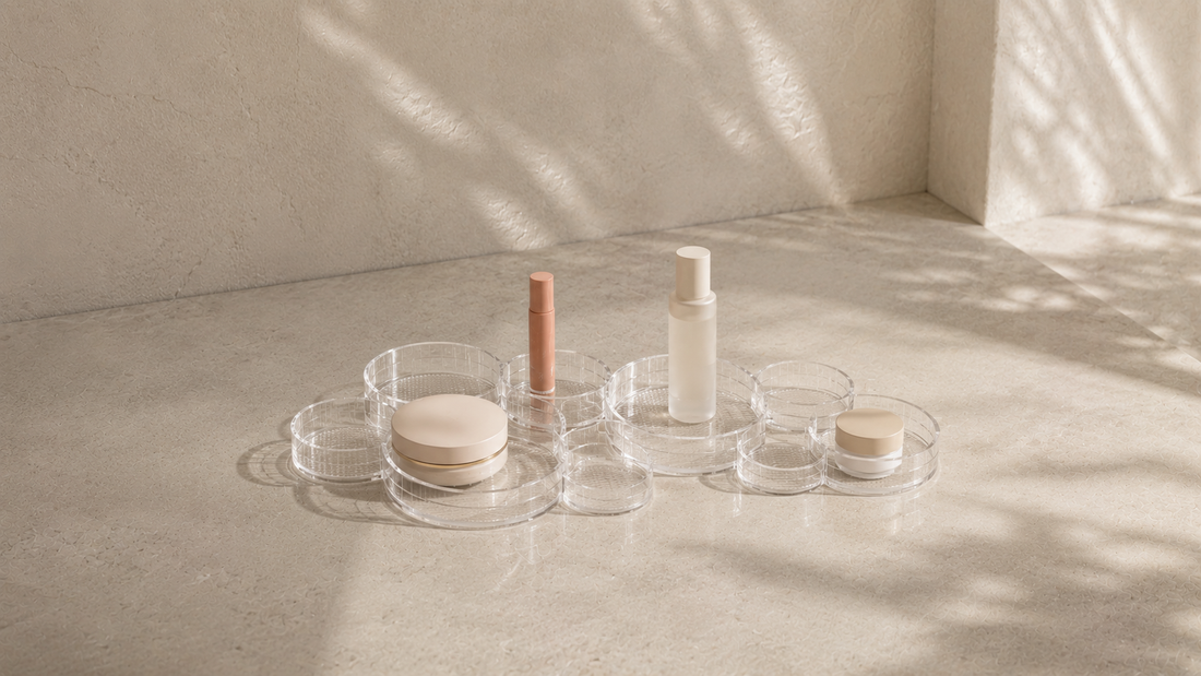 Grouped makeup organizer with structured spacing for daily-use products.