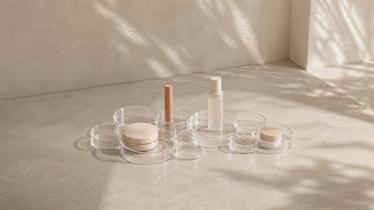 Grouped makeup organizer with structured spacing for daily-use products.