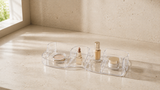 Grouped makeup organizer with structured spacing for faster routines.
