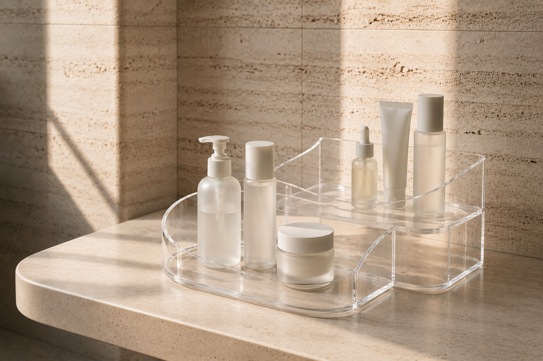 Skincare products grouped by routine with open spacing.