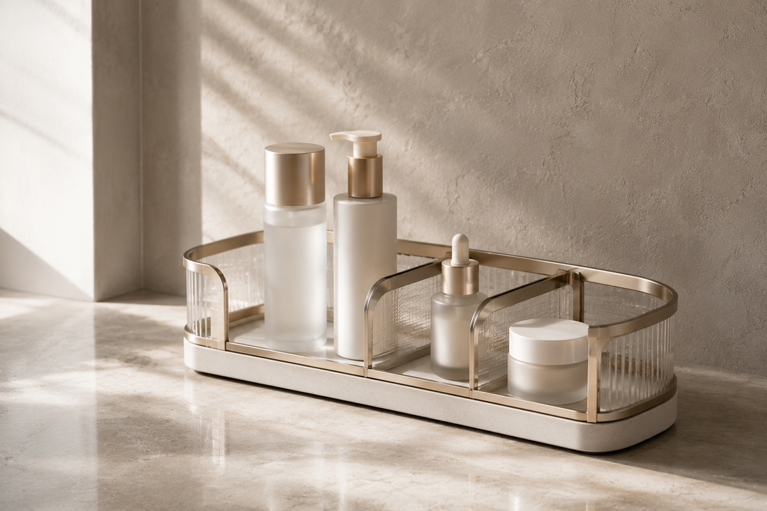 Grouped skincare organizer reducing repeated setup time with structured spacing.