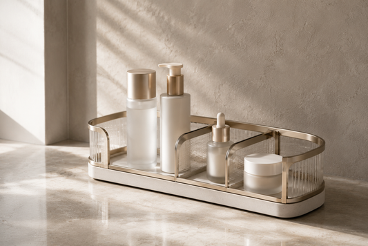 Grouped skincare organizer reducing repeated setup time with structured spacing.