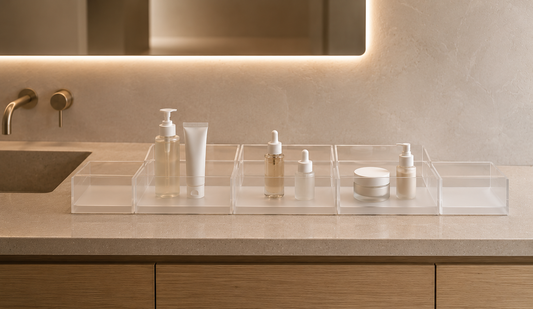 Bathroom vanity organizer with grouped skincare sections and open spacing.