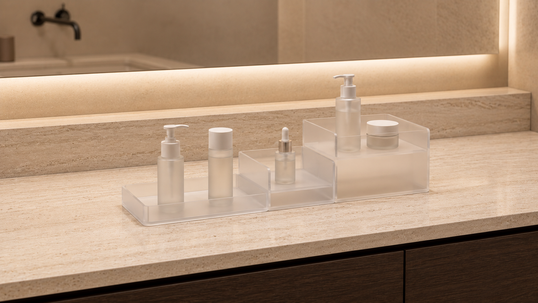 Grouped bathroom vanity organizer with staggered skincare zones and structured access flow.